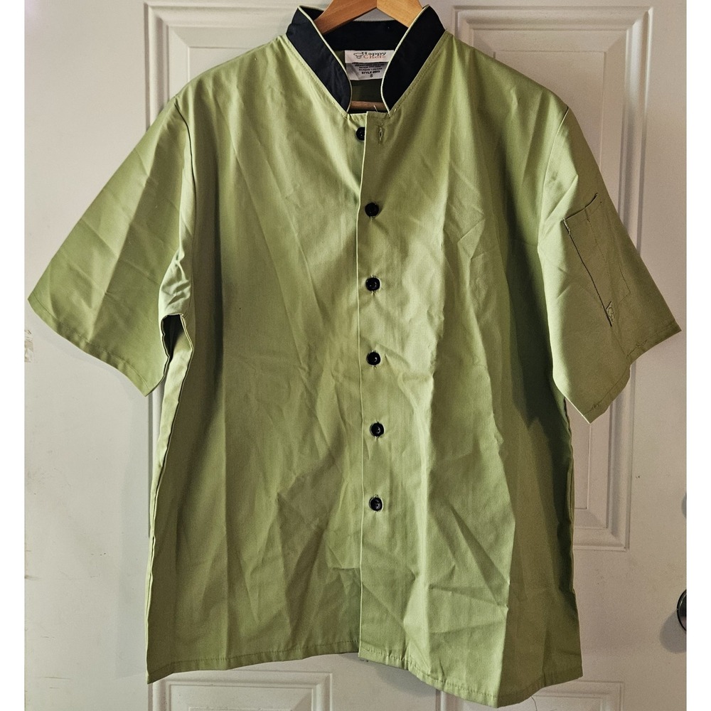 Happy Chef Style 503 Chef Coat Jacket Green Black Trim Short Sleeve Size S